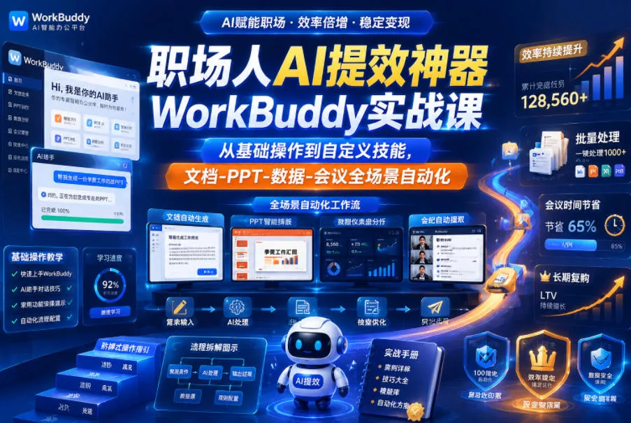 职场人AI提效神器WorkBuddy实战课，从基础操作到自定义技能，文档-PPT-数据-会议全场景自动化 - 轻创社