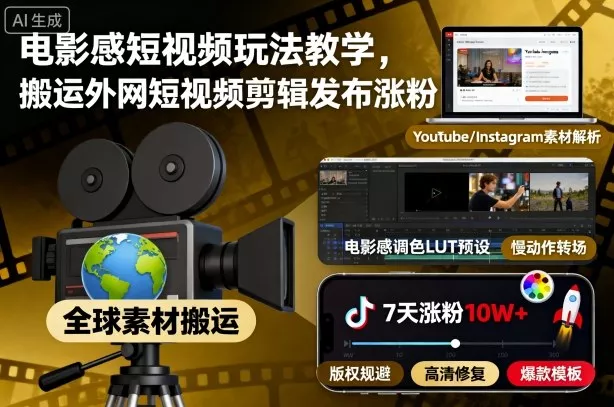 电影感短视频玩法教学，搬运外网短视频剪辑发布涨粉 - 轻创社