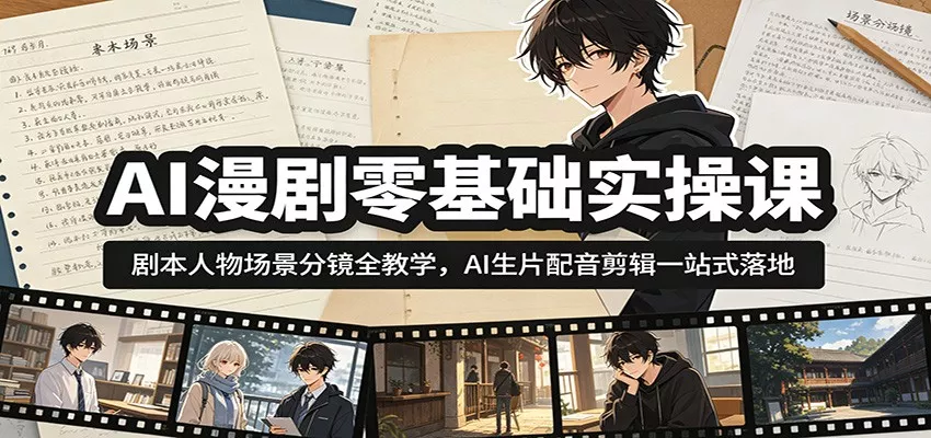 AI漫剧零基础实操课：剧本人物场景分镜全教学，AI生片配音剪辑一站式落地 - 轻创社