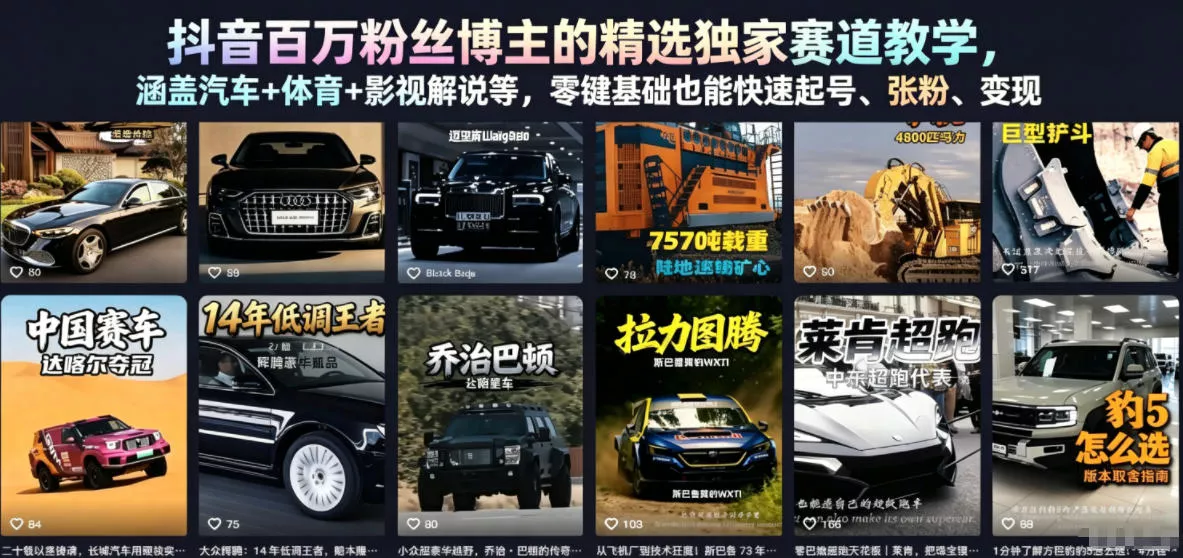 抖音百万粉丝博主的精选独家赛道教学，涵盖汽车+体育+影视解说等，零基础也能快速起号、涨粉、变现(更新0701) - 轻创社