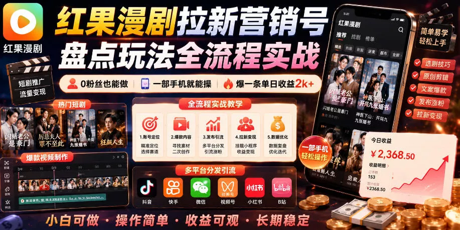 红果漫剧拉新营销号盘点玩法全流程实战，0粉丝也能做，一部手机就能做，爆一条单日收益2k+ - 轻创社