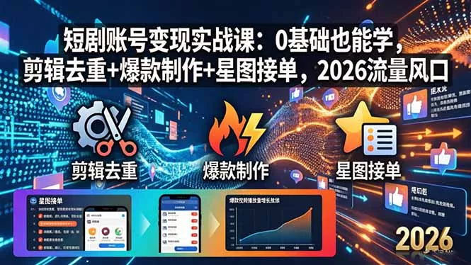 短剧账号变现实战课：0基础也能学，剪辑去重+爆款制作+星图接单，2026流量风口 - 轻创社