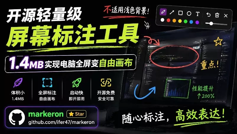 开源轻量级屏幕标注工具，1.4MB实现电脑全屏变自由画布！支持8种标注工具和全键盘操控MarkerOn - 轻创社