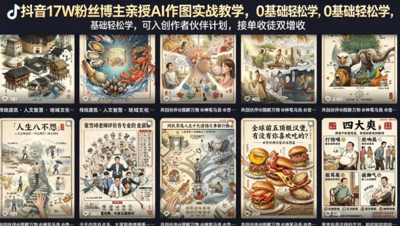 抖音17W粉丝博主亲授AI作图实战教学，0基础轻松学，可入创作者伙伴计划，接单收徒双增收 - 轻创社