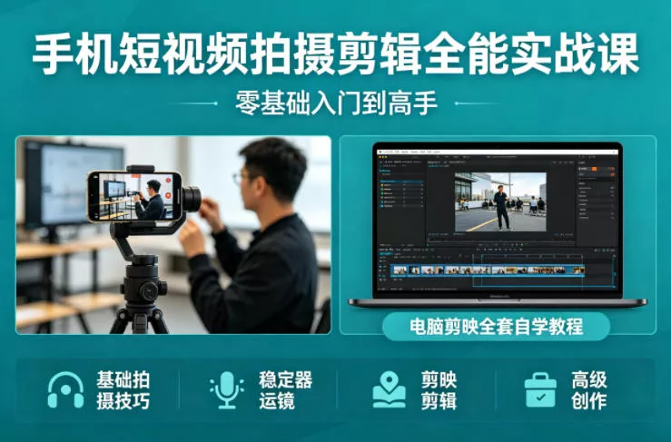 手机短视频拍摄剪辑全能实战课：零基础入门到高手，稳定器运镜+电脑剪映全套自学教程 - 轻创社