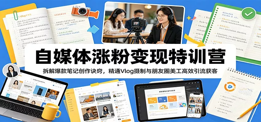 自媒体涨粉变现特训营：拆解爆款笔记创作诀窍，精通Vlog摄制与朋友圈美工高效引流获客 - 轻创社