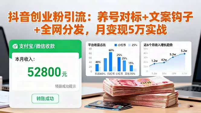 抖音创业粉引流：养号对标+文案钩子+全网分发，月变现5万实战 - 轻创社