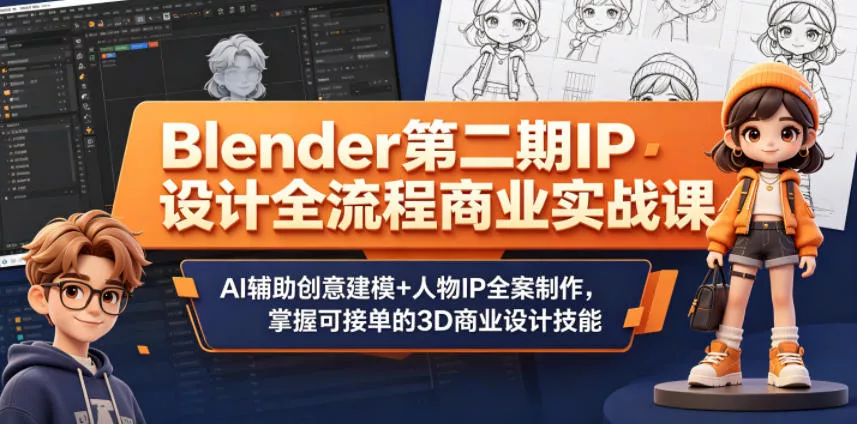 Blender第二期IP设计全流程商业实战课，AI辅助创意建模+人物IP全案制作，掌握可接单的3D商业设计技能 - 轻创社