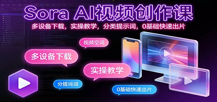 Sora AI视频创作课：多设备下载，实操教学，分类提示词，0基础快速出片 - 轻创社