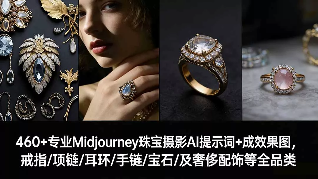 460+专业Midjourney珠宝摄影AI提示词+成效果图，戒指/项链/耳环/手链/宝石/及奢侈配饰等全品类 - 轻创社