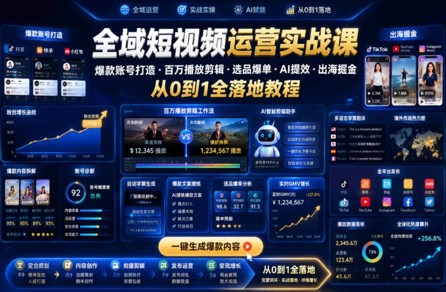 全域短视频运营实战课，爆款账号打造・百万播放剪辑・选品爆单・AI提效・出海掘金，从0到1全落地教程 - 轻创社