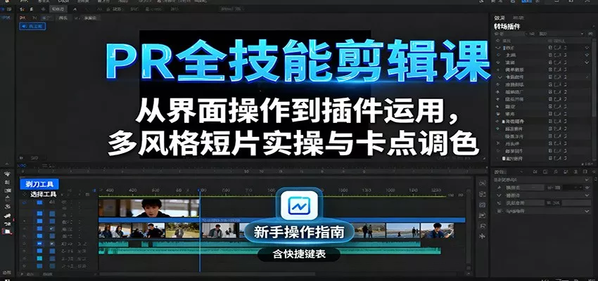 PR全技能剪辑课：从界面操作到插件运用，多风格短片实操与卡点调色 - 轻创社