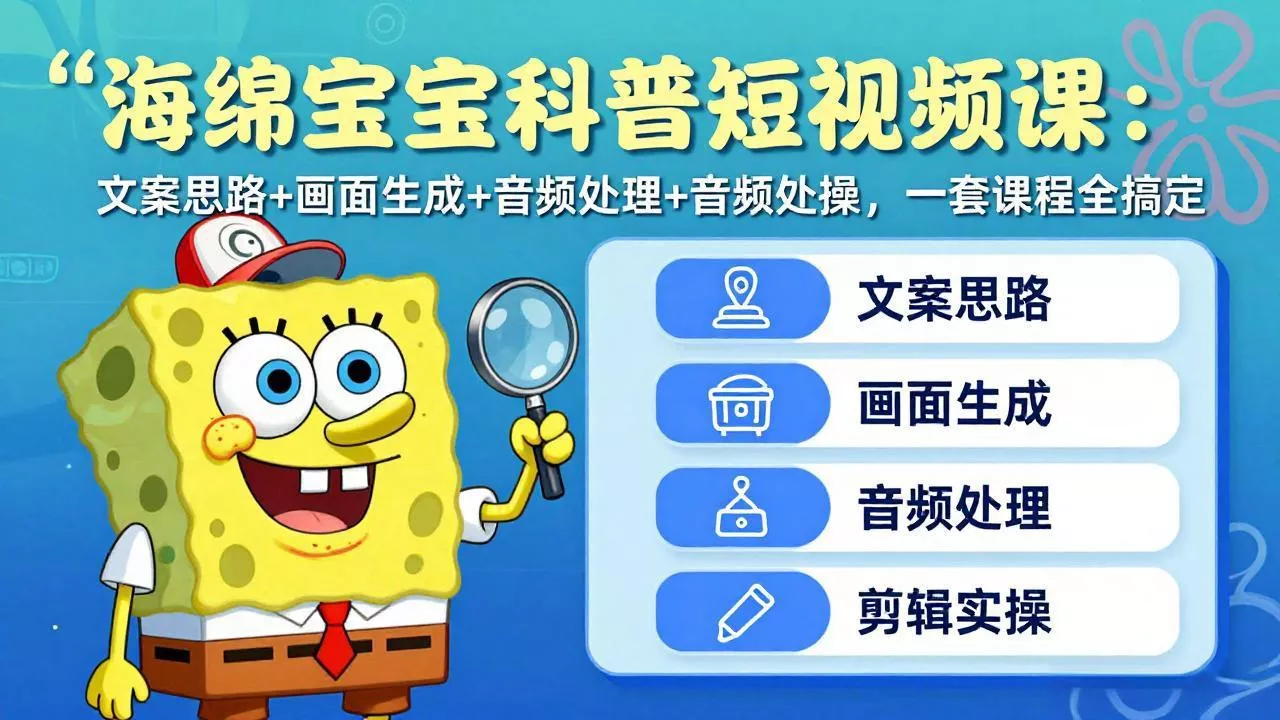 海绵宝宝科普短视频课：文案思路+画面生成+音频处理+剪辑实操，一套课程全搞定 - 轻创社