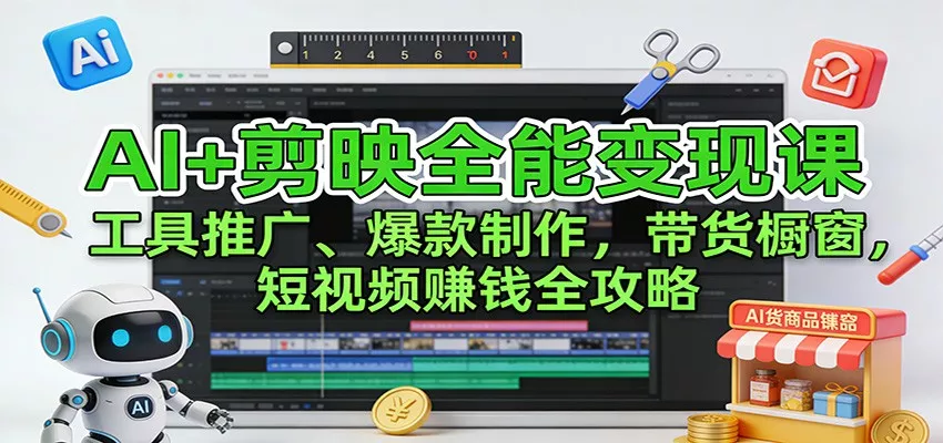 AI+剪映全能变现课：工具推广、爆款制作、带货橱窗，短视频赚钱全攻略 - 轻创社