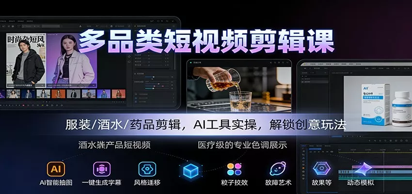 多品类短视频剪辑课：服装/酒水/药品剪辑，AI工具实操，解锁创意玩法 - 轻创社