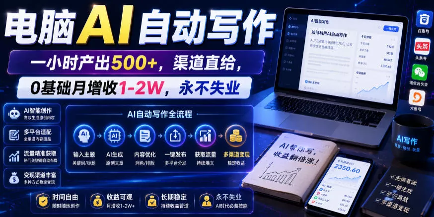 电脑AI自动写作，一小时产出500+，渠道直给，0基础月增收1-2W，永不失业【揭秘】 - 轻创社