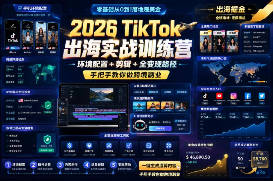2026 TikTok出海实战训练营，环境配置 + 剪辑 + 全变现路径，手把手教你做跨境副业 - 轻创社