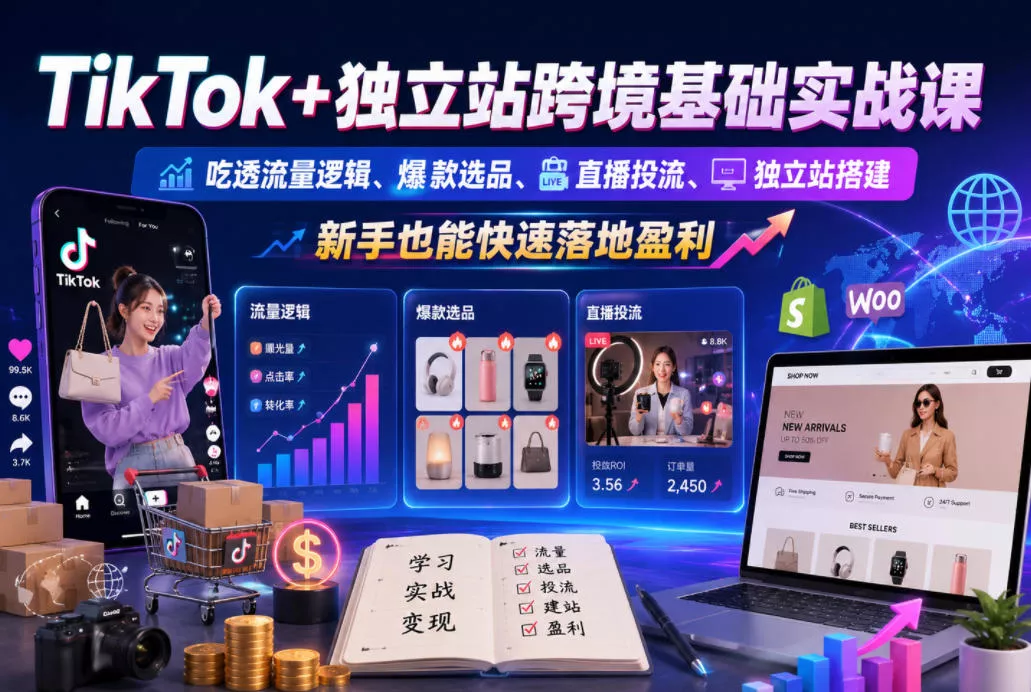 TikTok+独立站跨境基础实战课，吃透流量逻辑、爆款选品、直播投流与独立站搭建，新手也能快速落地盈利 - 轻创社