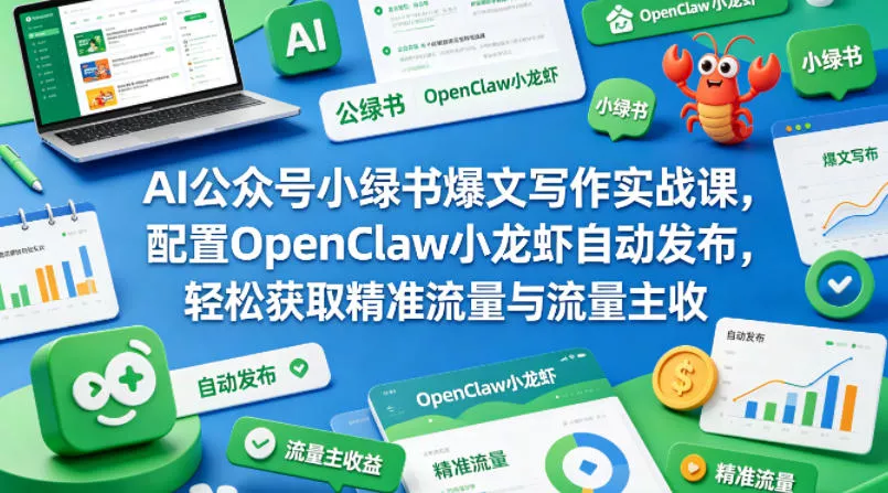 AI公众号小绿书爆文写作实战课，配置OpenClaw小龙虾自动发布，轻松获取精准流量与流量主收益 - 轻创社